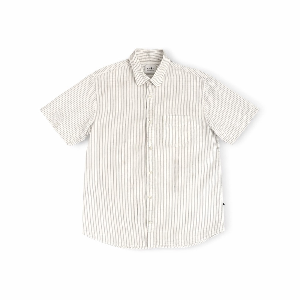 NN07 No Nationality Leon Short Sleeve Striped Button Up Linen Cotton Sz Medium
